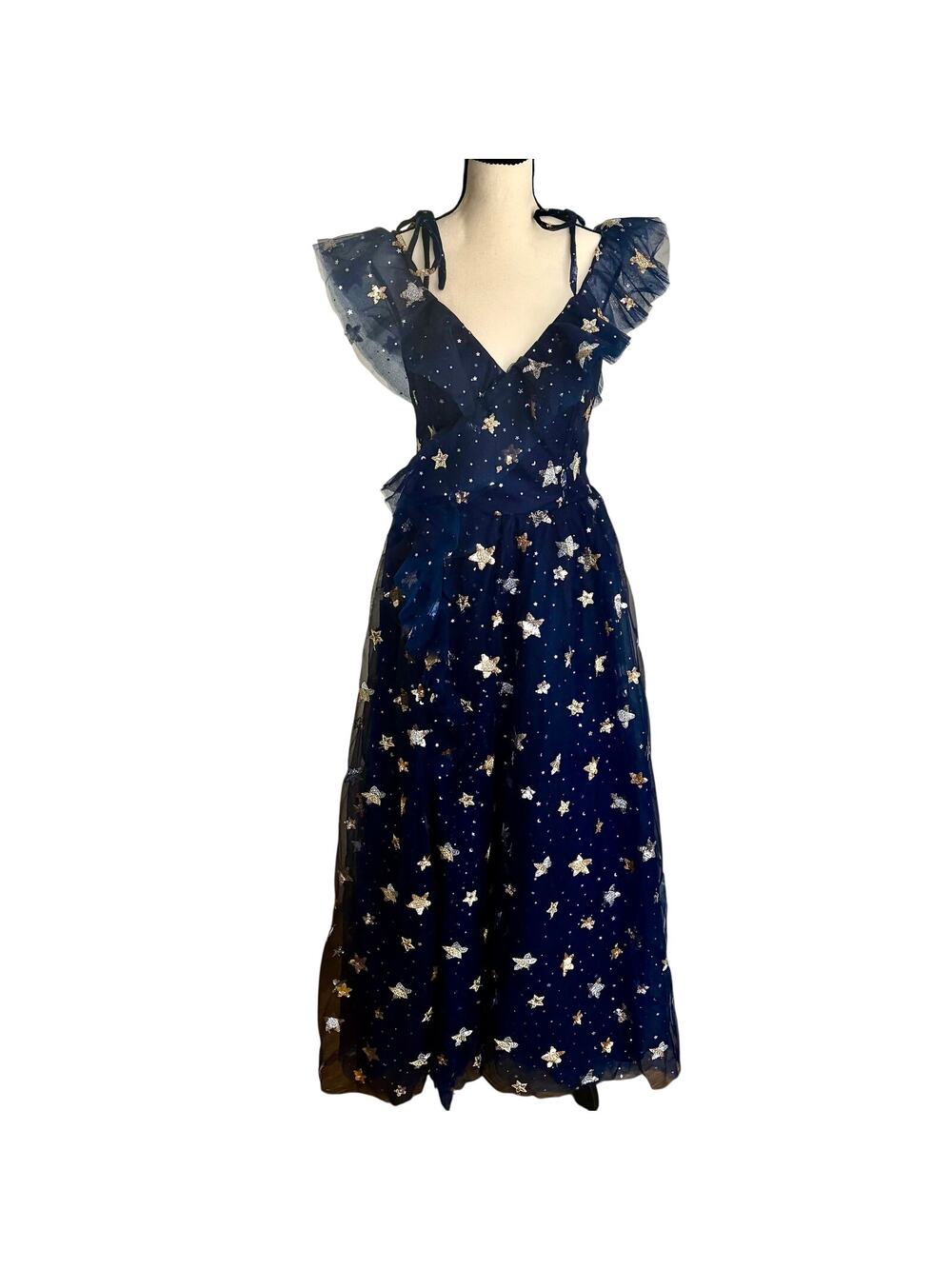 Mystic Celestial Fairy Tale Sequined Princess Stardust Gown Dress Navy Ruffled M